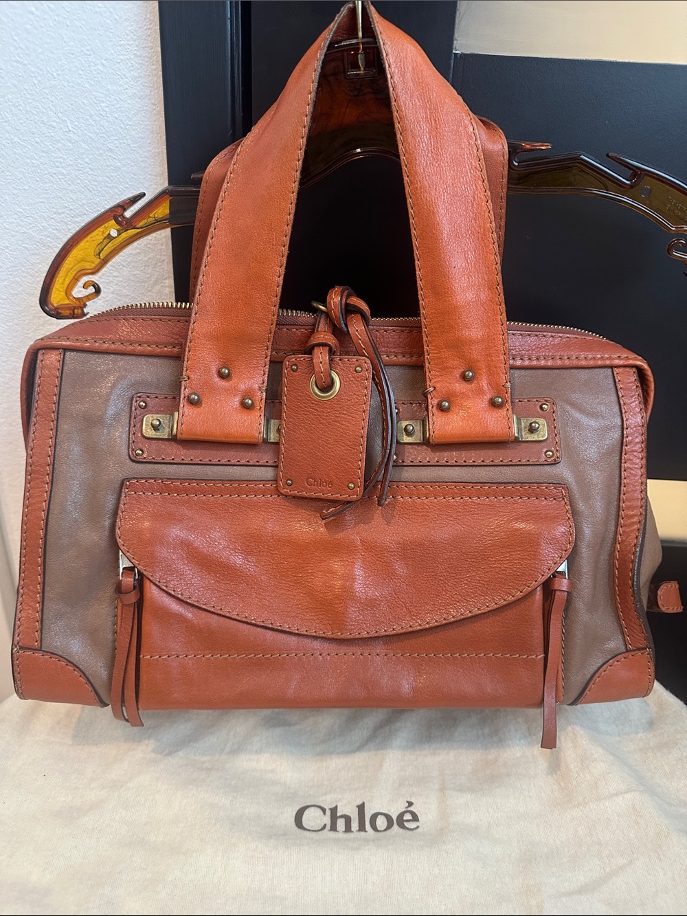 Chloé Two-Tone Leather Satchel in Rust and Taupe